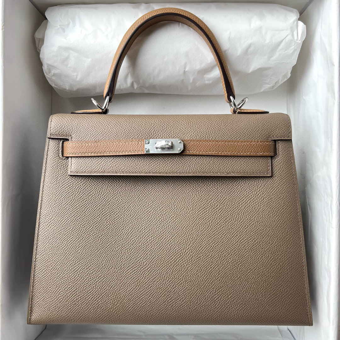 Hermès Kelly 25 三拼色 Epsom 大象灰/栗子棕 /餅幹色 Silver Hardware