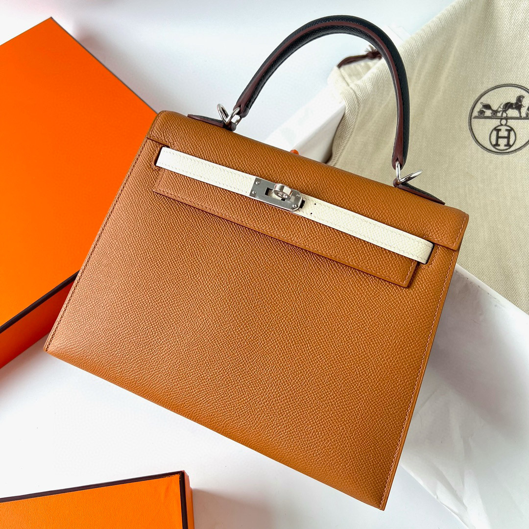 Hermes Kelly 25cm HSS 三拼色 Epsom金棕色/奶油白/黑色內拼 Bleu Saphir 寶石藍