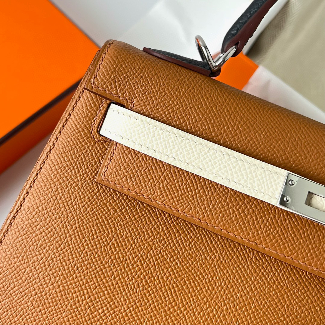 Hermes Kelly 25cm HSS 三拼色 Epsom金棕色/奶油白/黑色內拼 Bleu Saphir 寶石藍