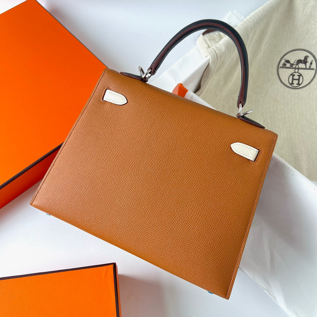 Hermes Kelly 25cm HSS 三拼色 Epsom金棕色/奶油白/黑色內拼 Bleu Saphir 寶石藍