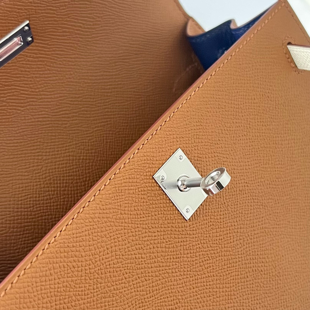 Hermes Kelly 25cm HSS 三拼色 Epsom金棕色/奶油白/黑色內拼 Bleu Saphir 寶石藍