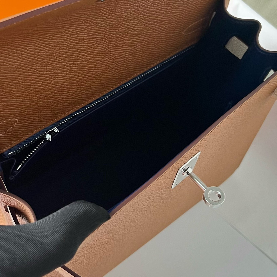 Hermes Kelly 25cm HSS 三拼色 Epsom金棕色/奶油白/黑色內拼 Bleu Saphir 寶石藍