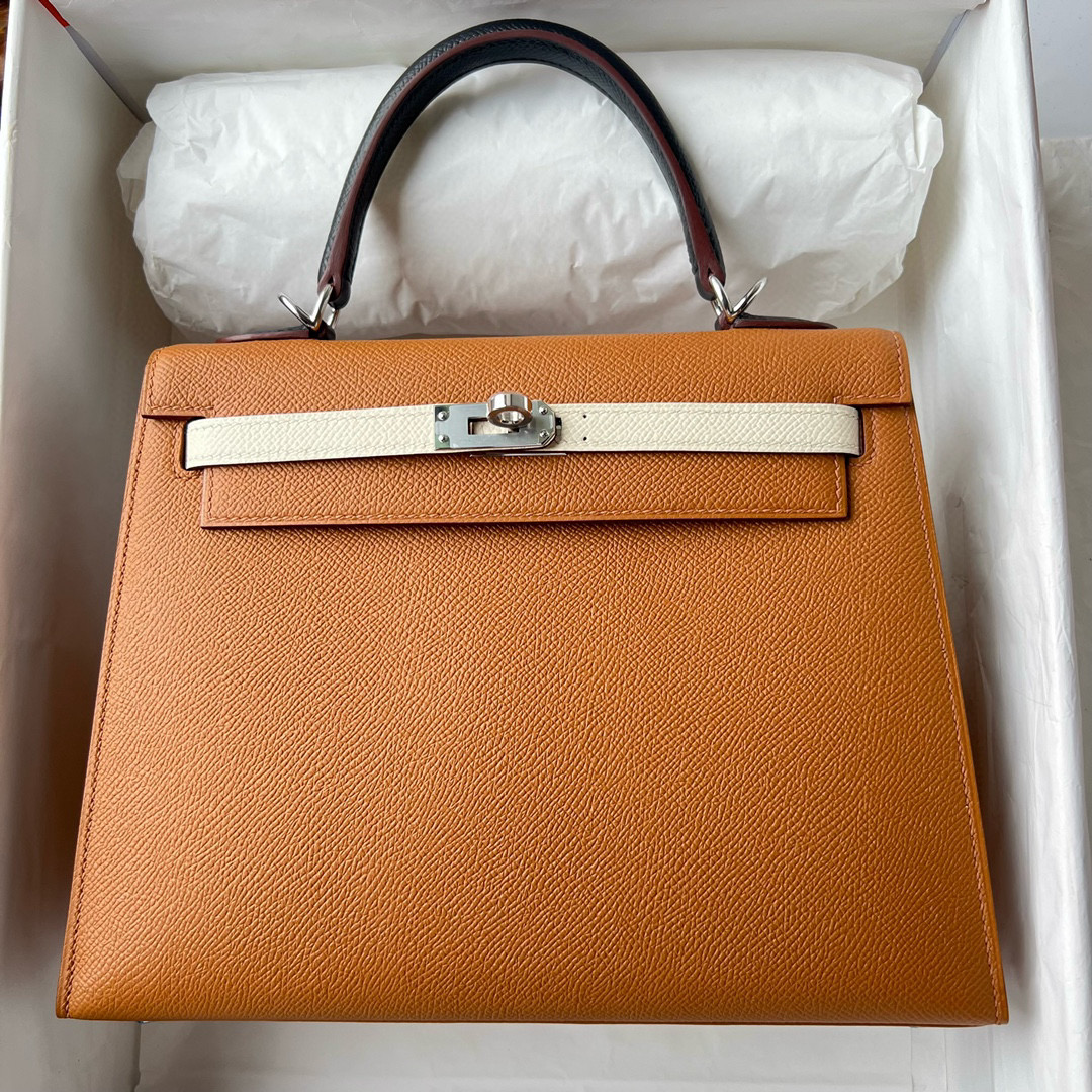 Hermes Kelly 25cm HSS 三拼色 Epsom金棕色/奶油白/黑色內拼 Bleu Saphir 寶石藍