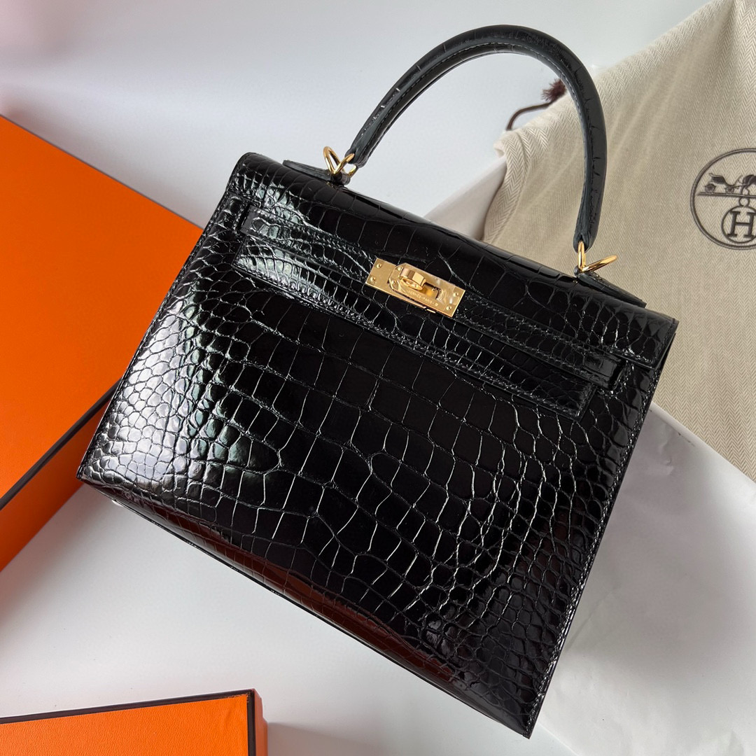 愛馬仕凱莉包28黑色系列 Hermès Kelly 28 alligator crocodile 黑色禦用原裝進口Hcp鱷魚