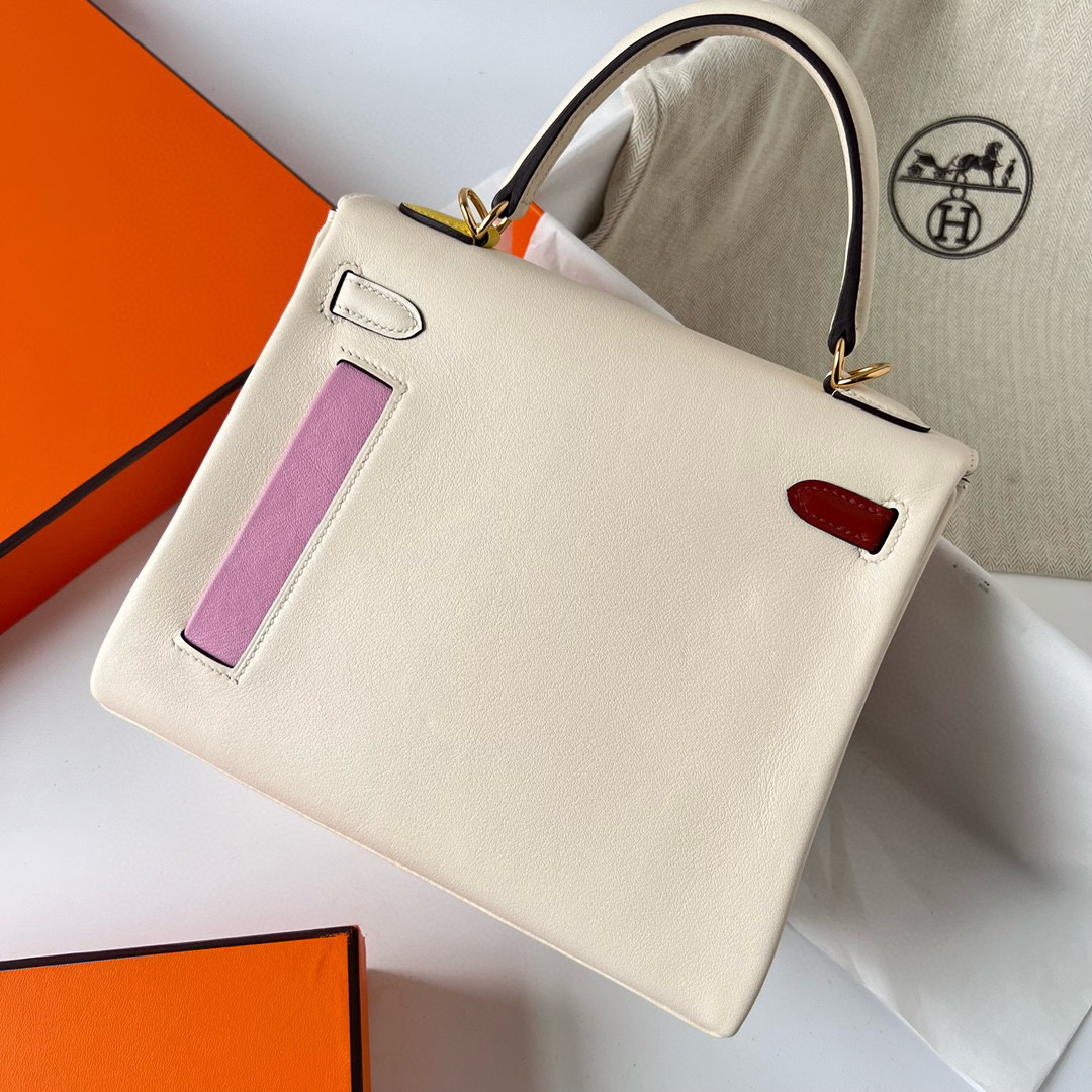 Hermès Kelly Colormatic bag 25 Retourne Nata/Cuivre/Lime/Mauve sylvestre/Blue brume