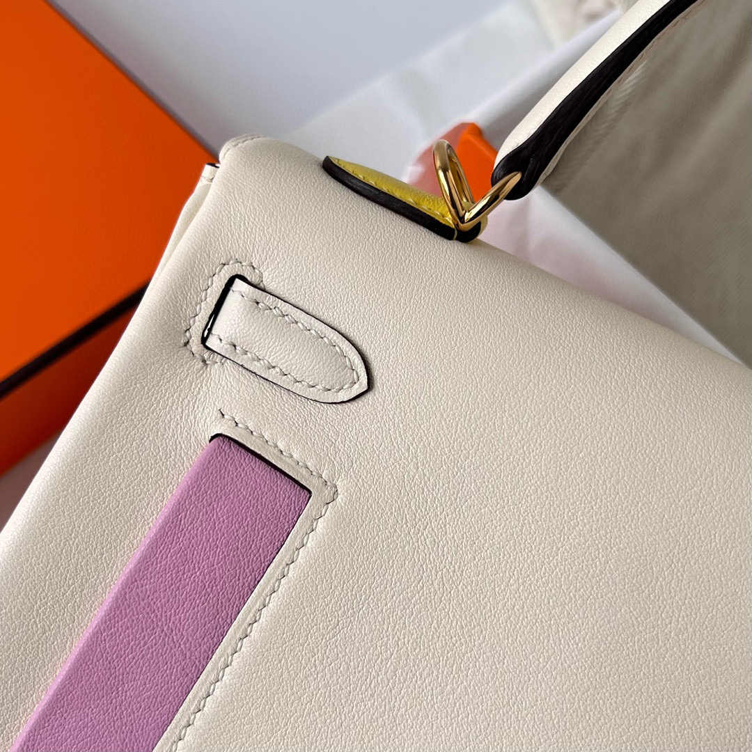 Hermès Kelly Colormatic bag 25 Retourne Nata/Cuivre/Lime/Mauve sylvestre/Blue brume