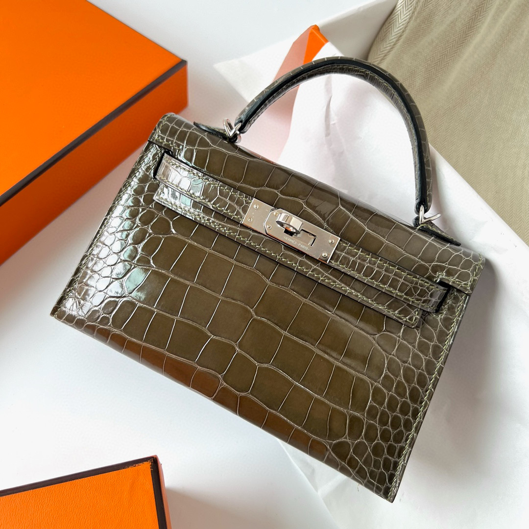 Hermes Kelly 20 Mini II Sellier Shiny alligator crocodile G8 Vert Maquis