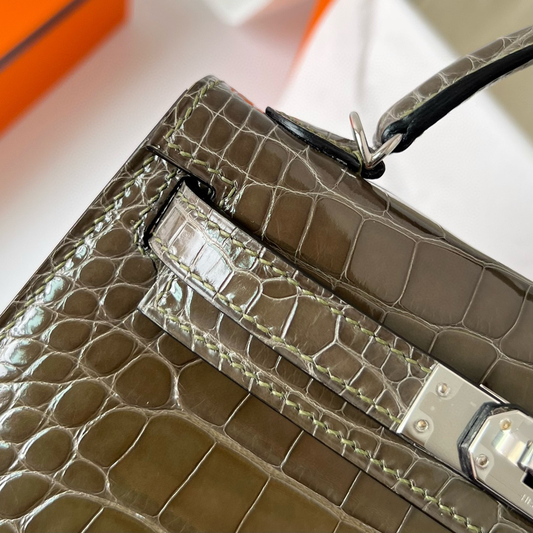 Hermes Kelly 20 Mini II Sellier Shiny alligator crocodile G8 Vert Maquis