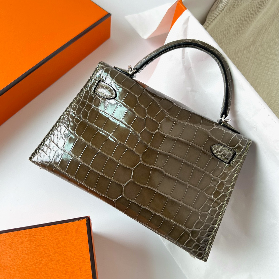 Hermes Kelly 20 Mini II Sellier Shiny alligator crocodile G8 Vert Maquis