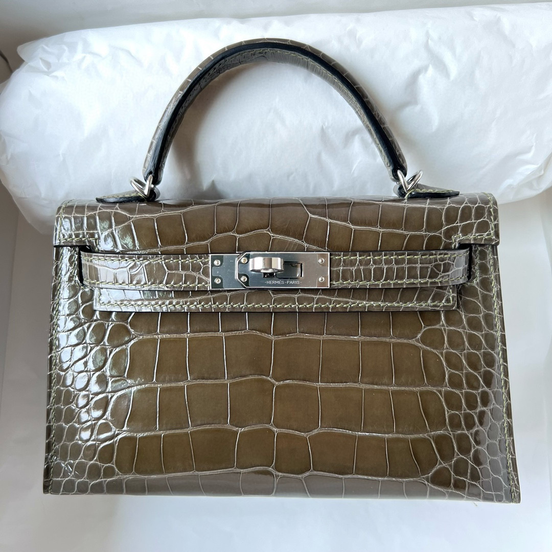 Hermes Kelly 20 Mini II Sellier Shiny alligator crocodile G8 Vert Maquis