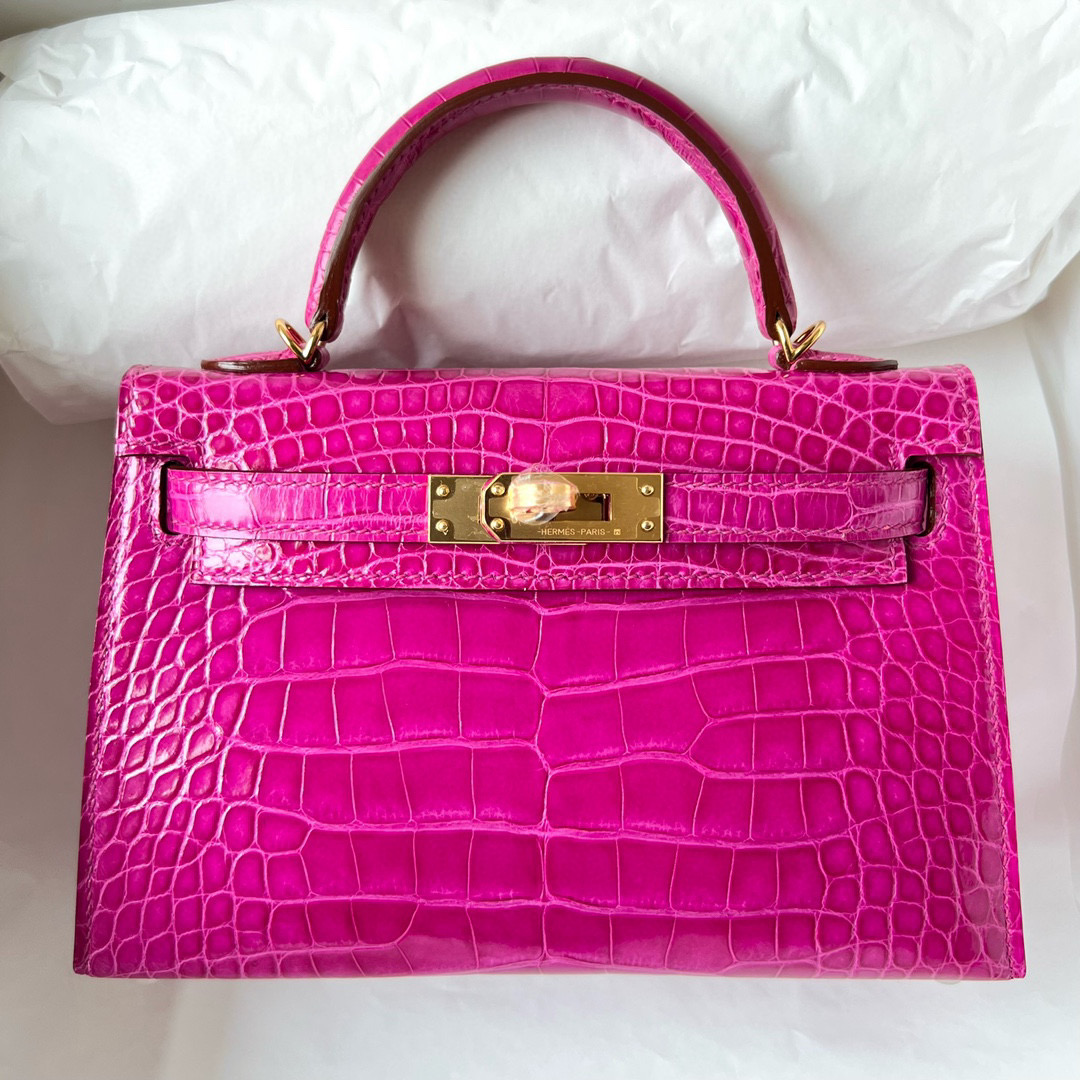 Hermès Kelly 20 Mini II Sellier Shiny alligator crocodile J5 Rose Sheheraradez