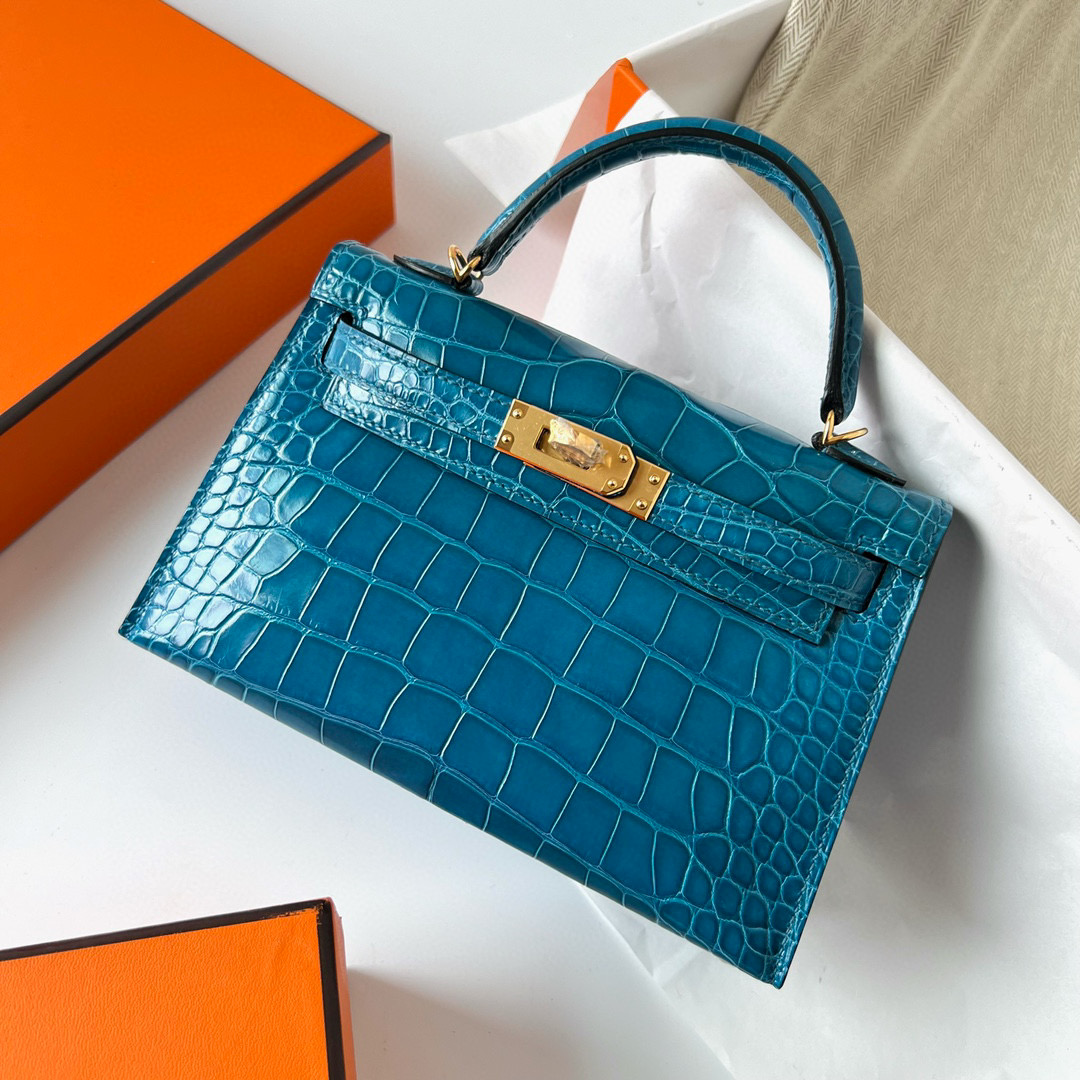 Hermès Kelly 20 Mini II Sellier Shiny alligator crocodile 7W Blue Izmir Golden Hardware