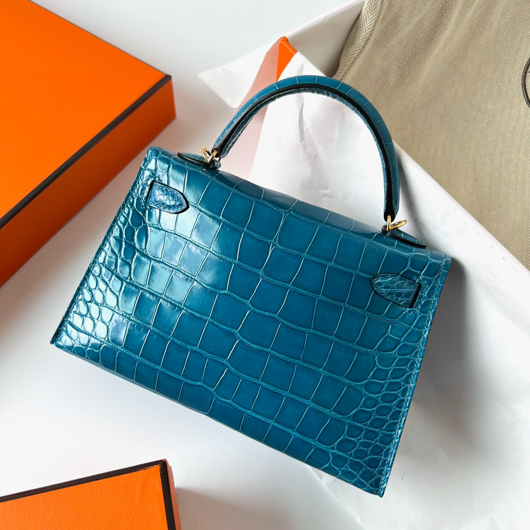 Hermès Kelly 20 Mini II Sellier Shiny alligator crocodile 7W Blue Izmir Golden Hardware