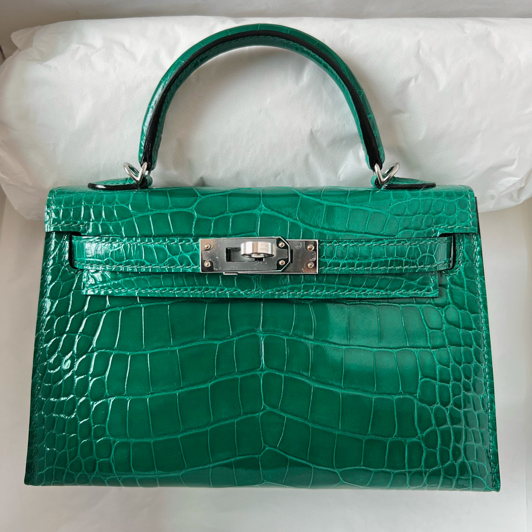 Hermès Kelly 20 Mini II Sellier Shiny Alligator Crocodile 6Q Very Emerald