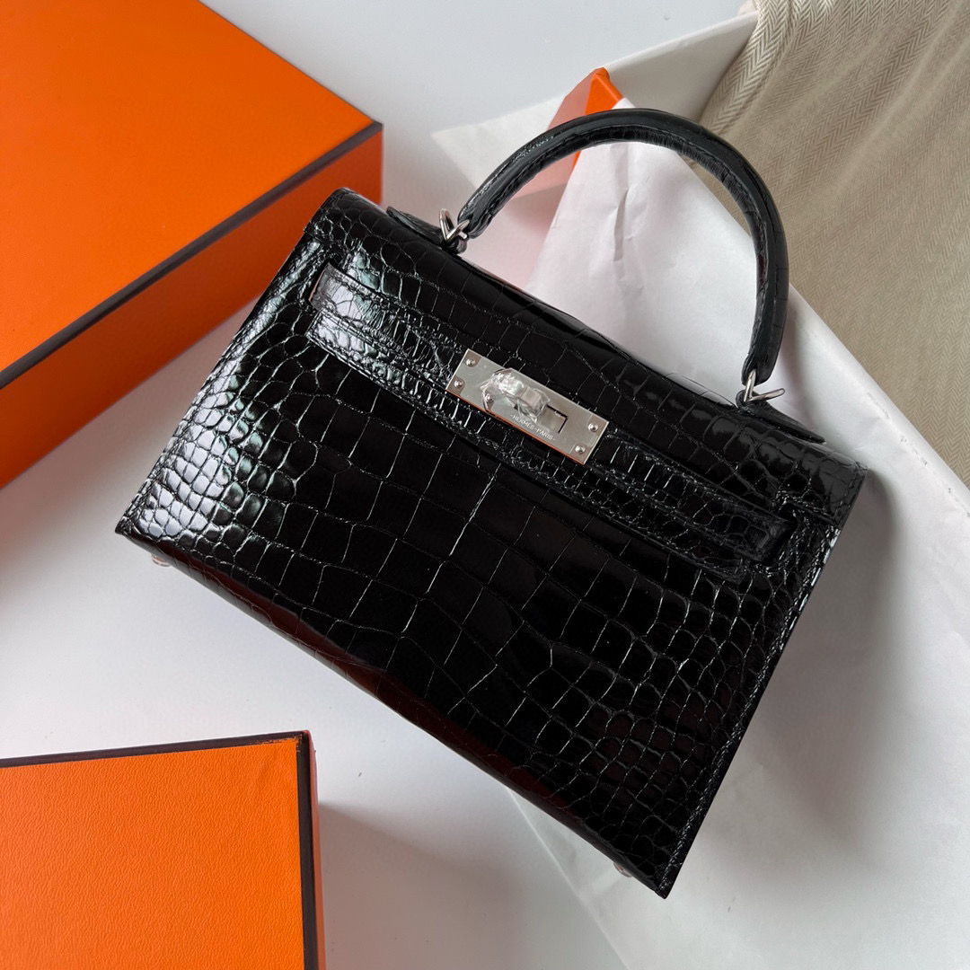 Hermes Kelly 20 Mini II Sellier Shiny Alligator Crocodile CK89 Noir