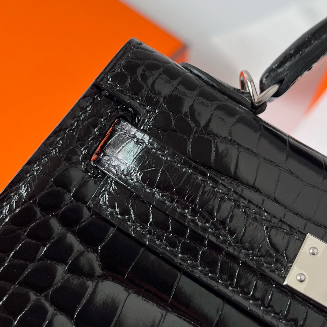 Hermes Kelly 20 Mini II Sellier Shiny Alligator Crocodile CK89 Noir