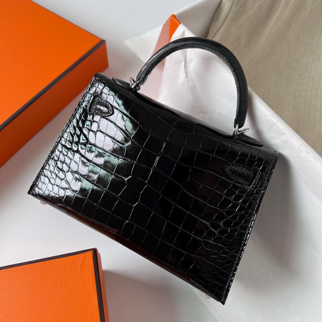 Hermes Kelly 20 Mini II Sellier Shiny Alligator Crocodile CK89 Noir