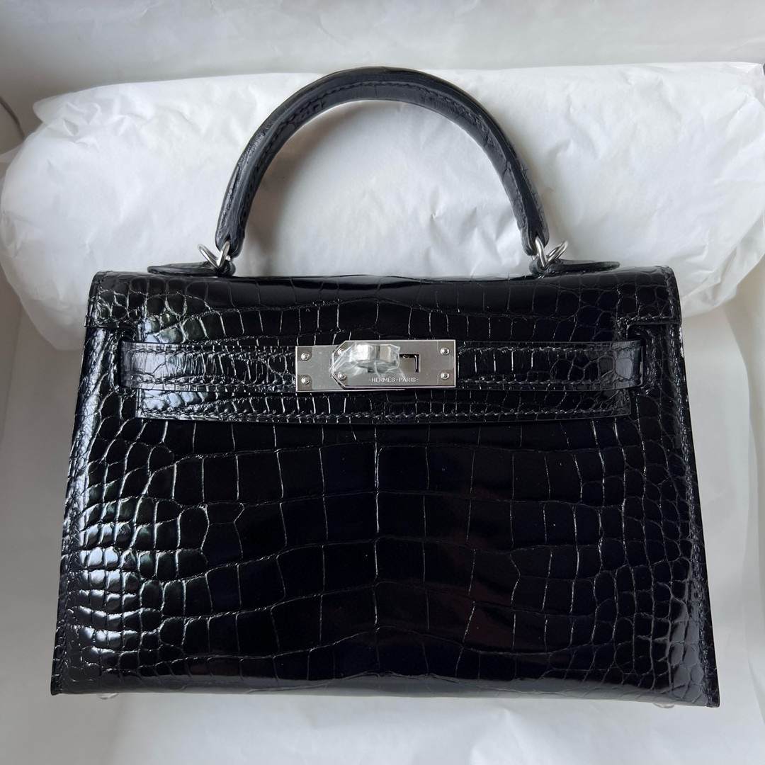 Hermes Kelly 20 Mini II Sellier Shiny Alligator Crocodile CK89 Noir