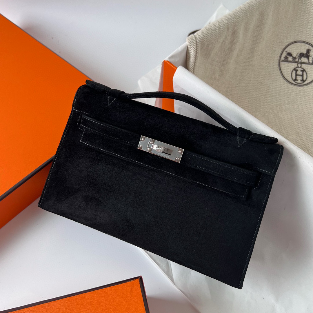 Hermes Kelly Pochette Doblis Suede 絨面山羊皮 進口麂皮 CC89 Noir 黑色