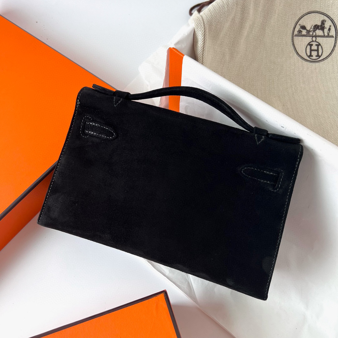 Hermes Kelly Pochette Doblis Suede 絨面山羊皮 進口麂皮 CC89 Noir 黑色