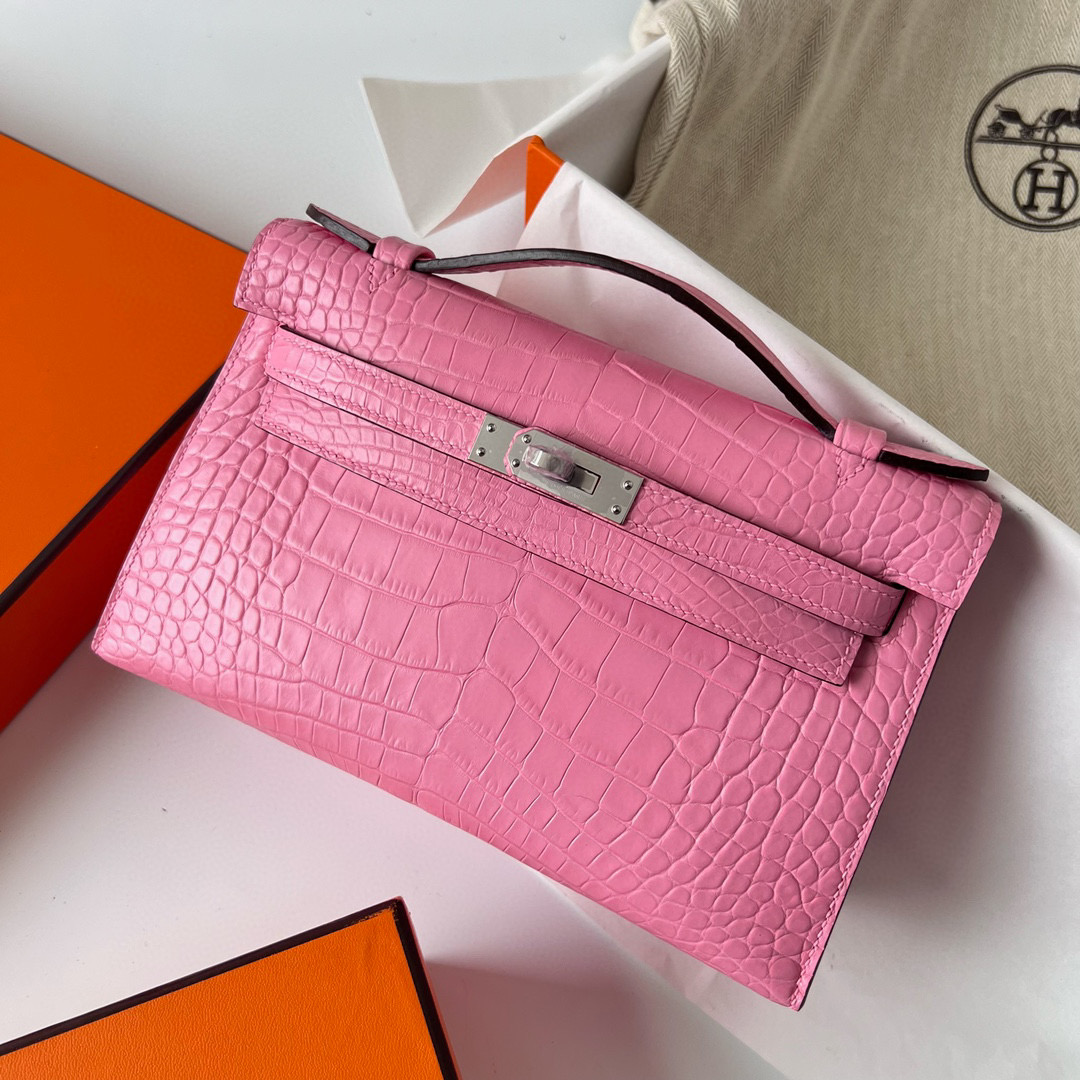 Hermes Kelly Pochette Matte Alligator Crocodile 5P pink Silver Hardware