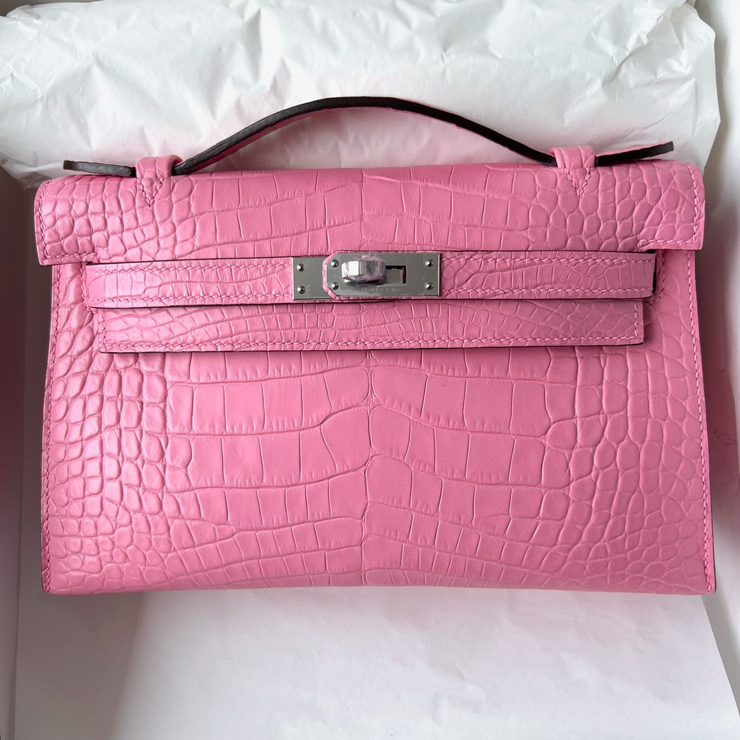 Hermes Kelly Pochette Matte Alligator Crocodile 5P pink Silver Hardware