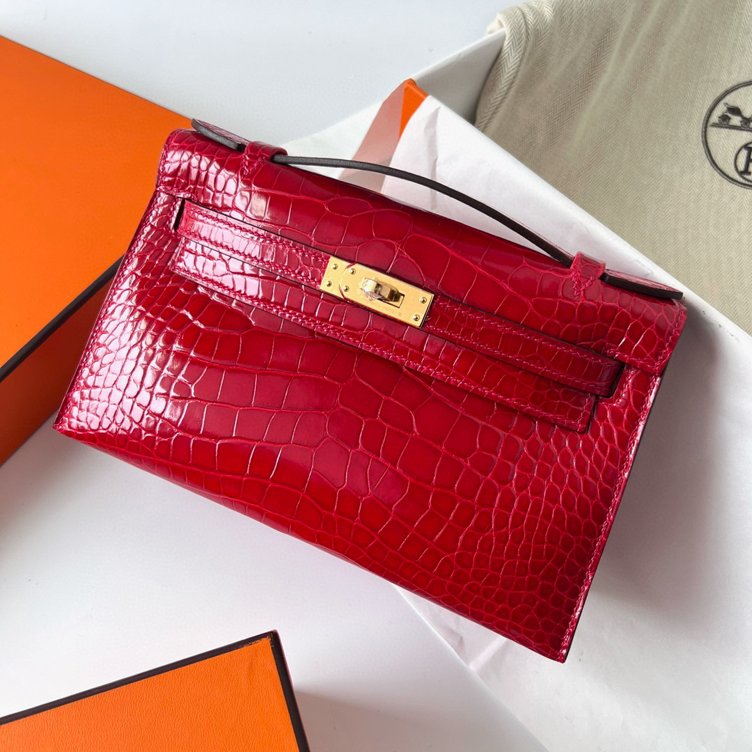 Hermes Kelly Pochette Shiny Alligator Crocodile Braise 法拉利红 Golden Hardware