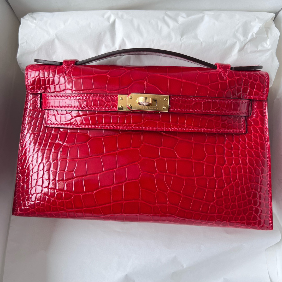 Hermes Kelly Pochette Shiny Alligator Crocodile Braise 法拉利红 Golden Hardware