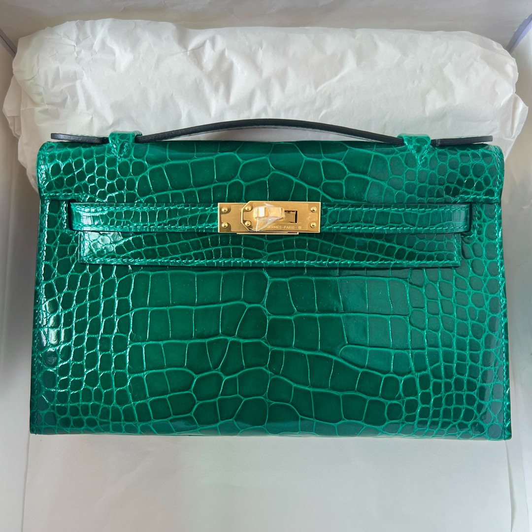 Hermes Kelly Pochette Shiny Alligator Crocodile 6Q Very Emerald 翡翠绿 GHW