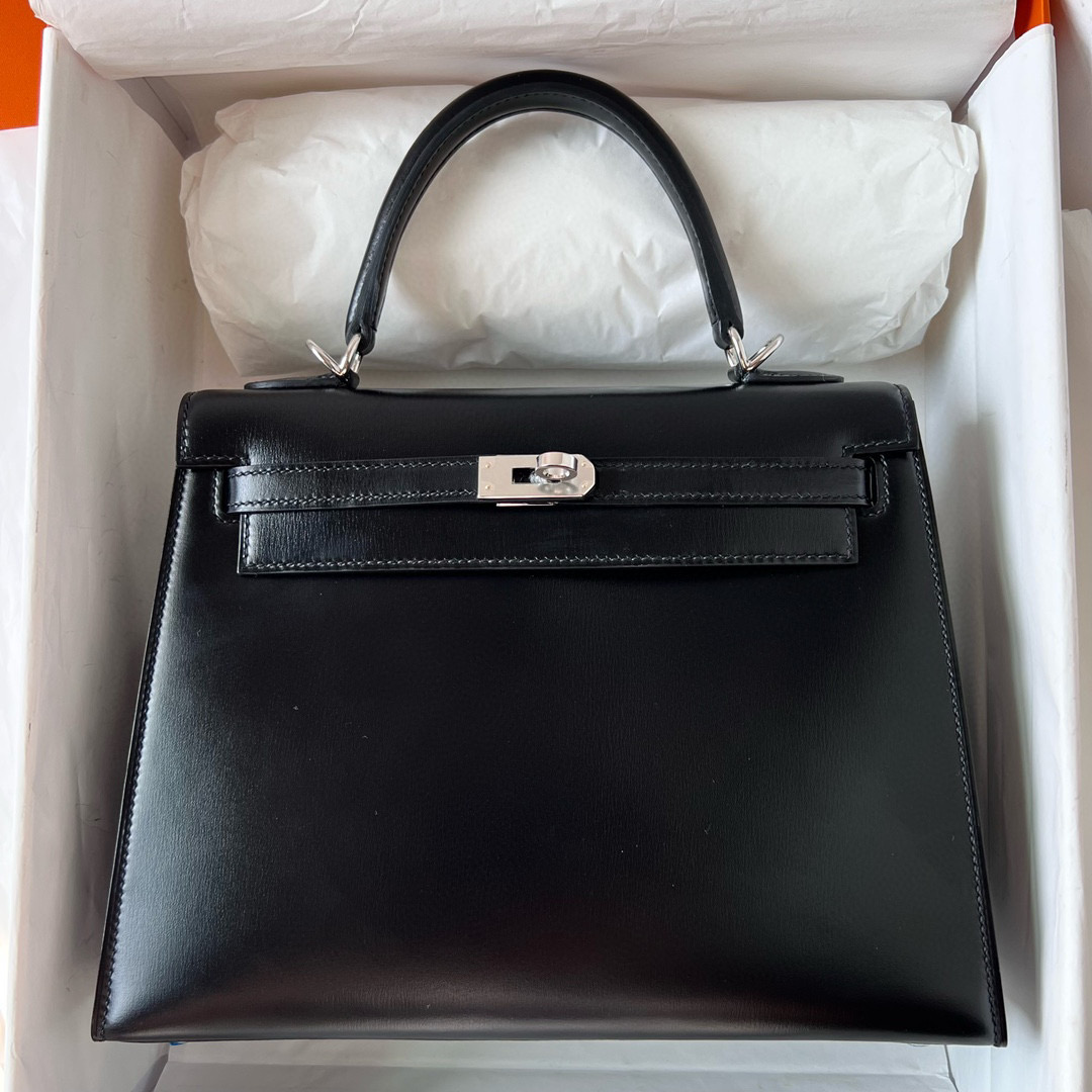 香港愛馬仕凱莉包25價格 Hermes Kelly 25 Sellier Box calf Noir Silver Hardware