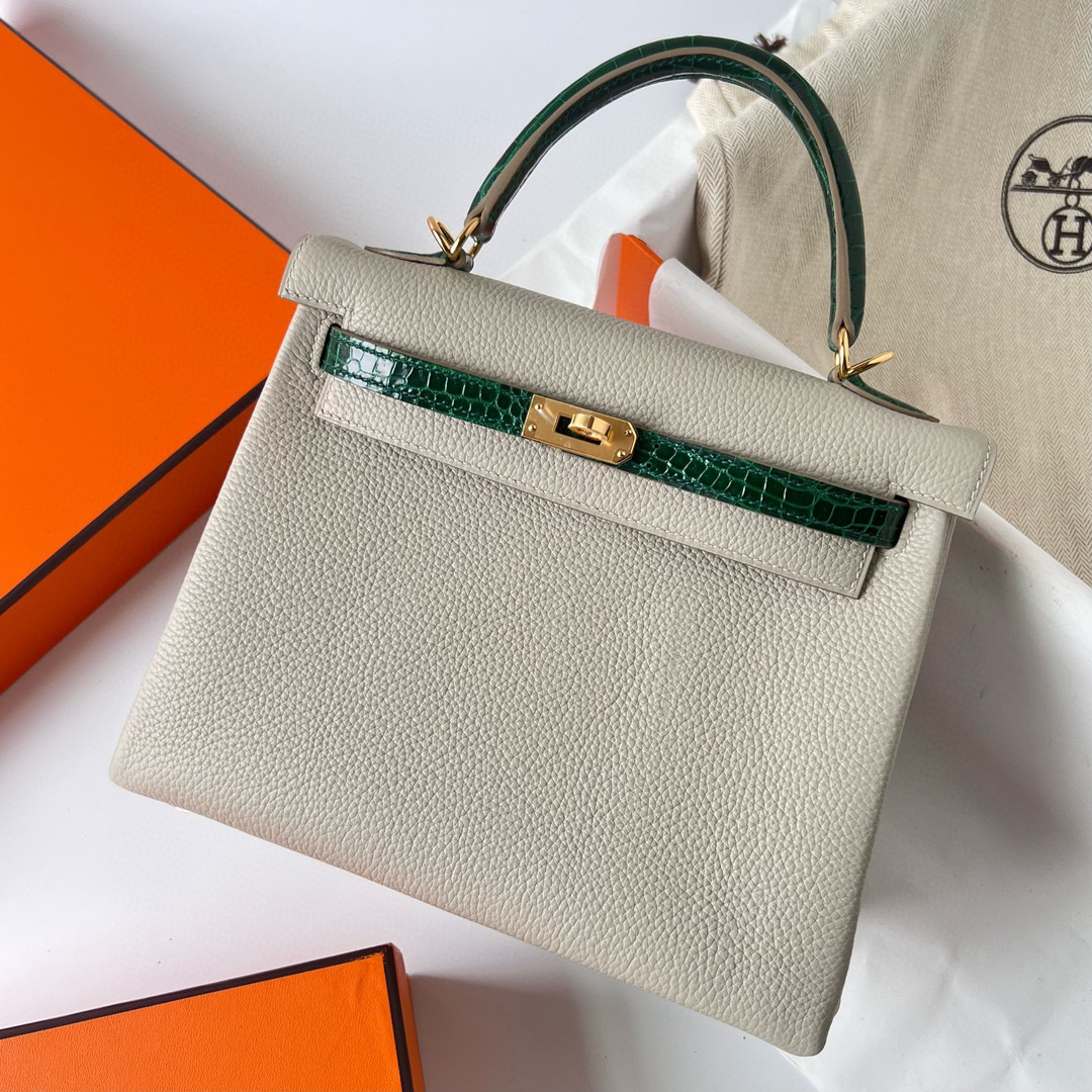 愛馬仕 Hermes Kelly 25 Touch Gris Perle/shiny nilo crocodile Vert Fonce