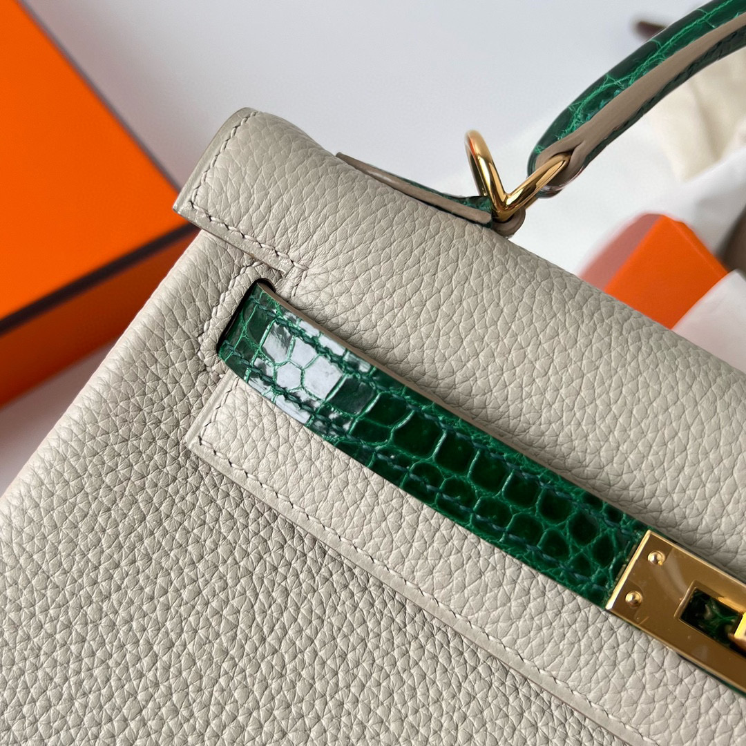 愛馬仕 Hermes Kelly 25 Touch Gris Perle/shiny nilo crocodile Vert Fonce