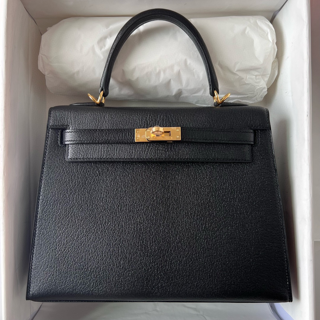 愛馬仕凱莉包價格 Hermes Kelly 25cm Chevre Noir Golden Hardware