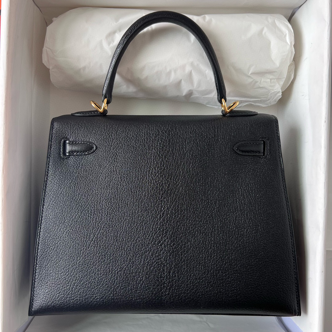 愛馬仕凱莉包價格 Hermes Kelly 25cm Chevre Noir Golden Hardware