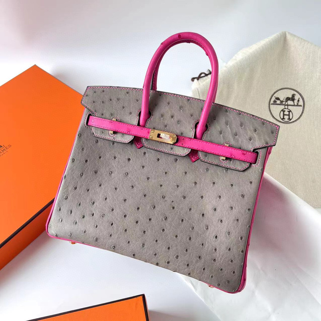 Hermes Birkin 25 Ostrich 禦用原廠南非鴕鳥皮Griss Asphalte/Rose Tyrien