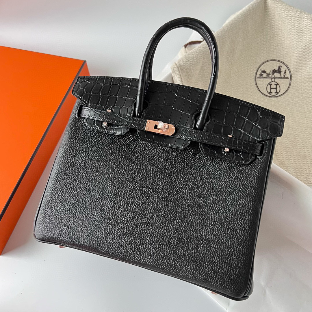 愛馬仕官方旗艦店 Hermès Birkin 25 Touch Togo/Matte Nilo Crocodile Noir Rose Gold Hardware