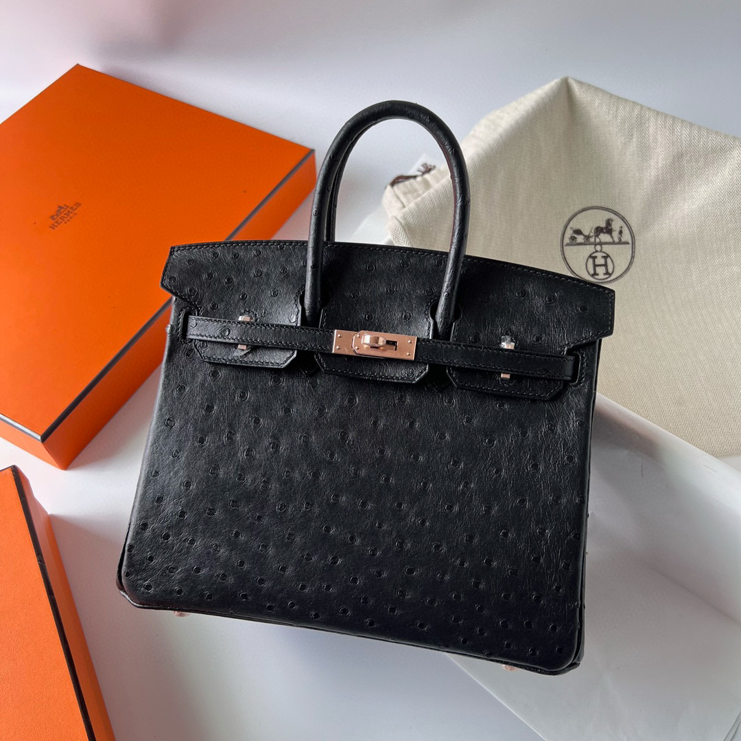 愛馬仕包鉑金包香港價格 Hermès Birkin 25 Ostrich Noir 黑色玫瑰金扣