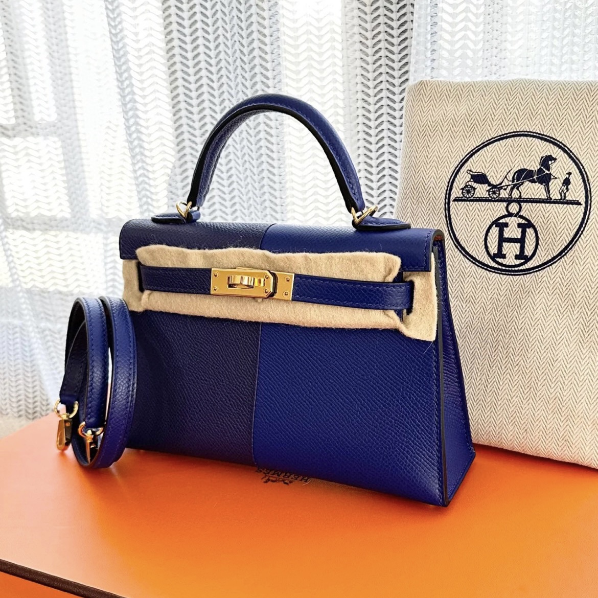 愛馬仕 Hermès Kelly Mini II 三拼色 Epsom 71法國藍/73寶石藍 內拼金棕色