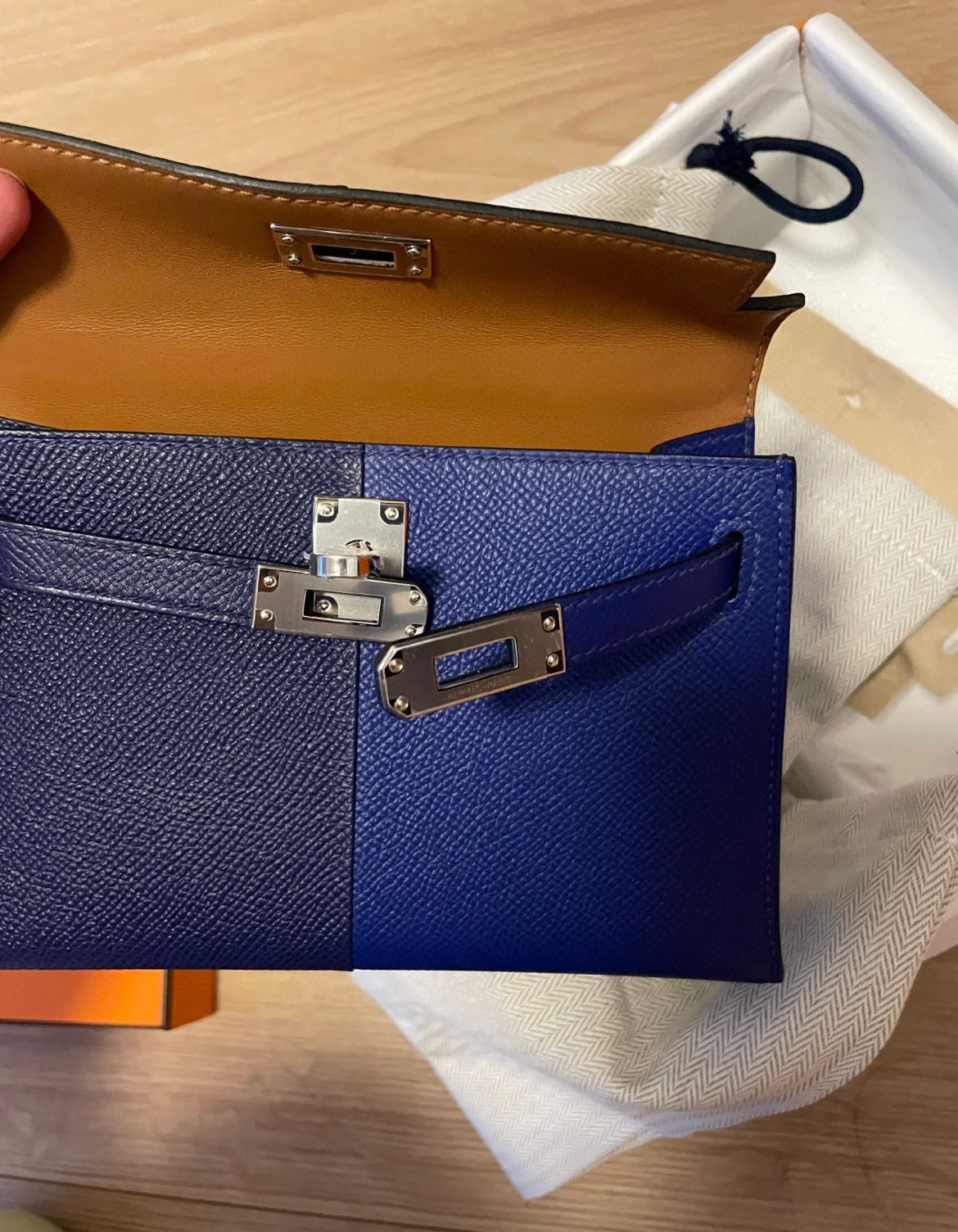 愛馬仕 Hermès Kelly Mini II 三拼色 Epsom 71法國藍/73寶石藍 內拼金棕色