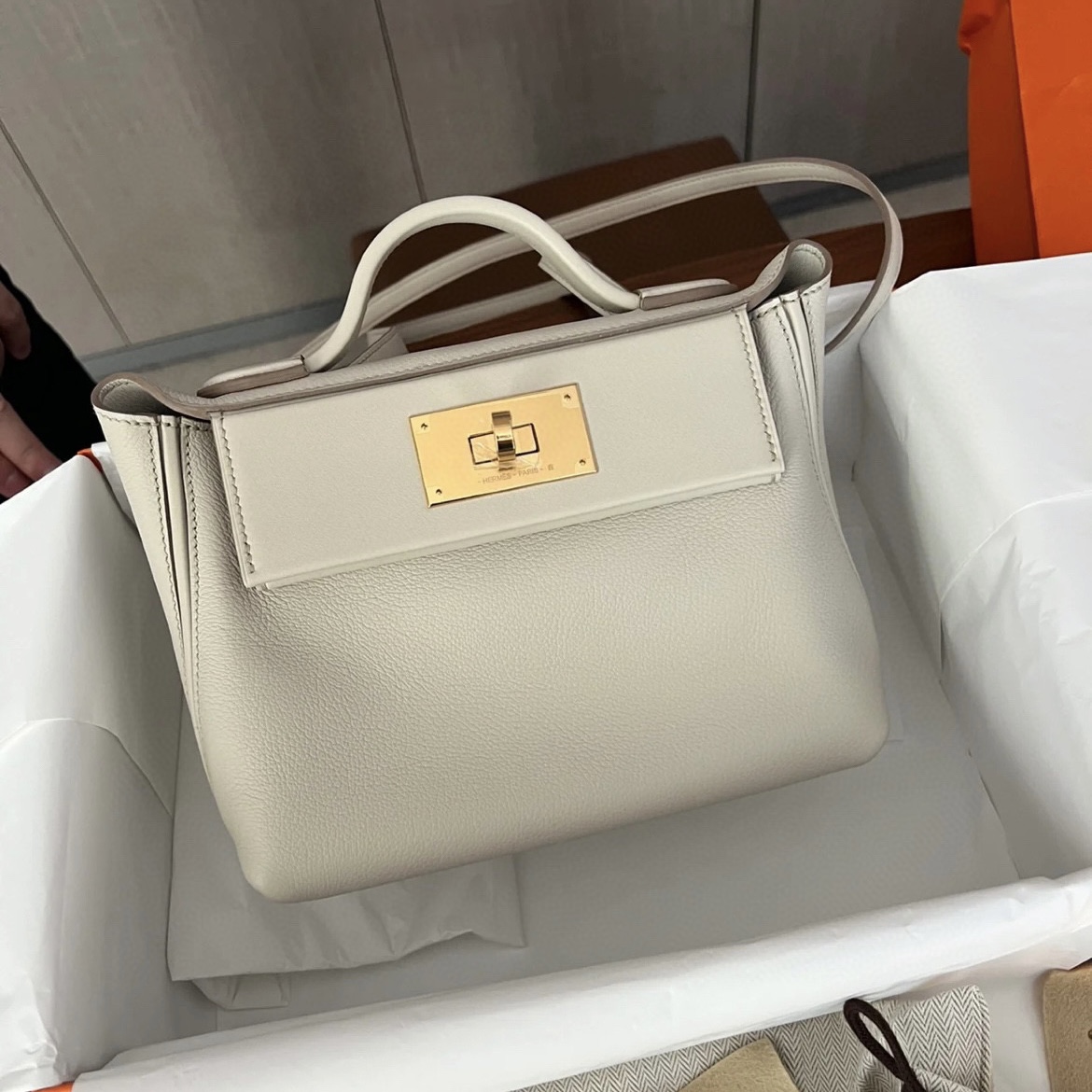 愛馬仕 Hermès Mini 24/24 Bag Evercolor/Swift 8L Beton Silver Hardware