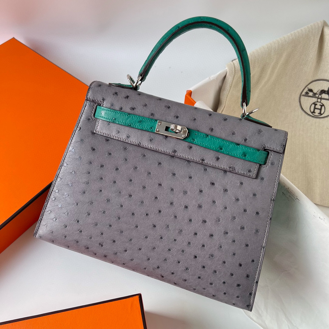 愛馬仕 Hermes Kelly 25 HSS Ostrich 瑪瑙灰 gris agate/Vert Verigo 絲絨綠