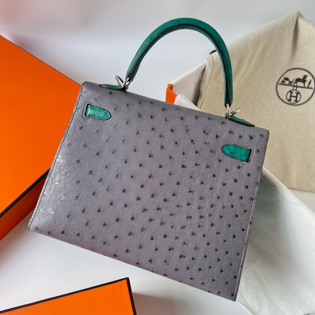 愛馬仕 Hermes Kelly 25 HSS Ostrich 瑪瑙灰 gris agate/Vert Verigo 絲絨綠