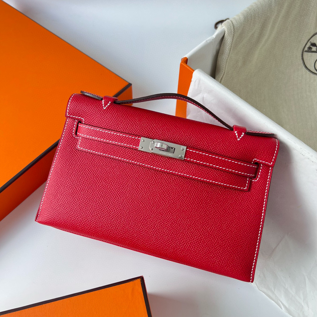 Hermes Price Kelly Pochette Epsom Rose casaque 國旗紅 Silver Hardware 走白色線