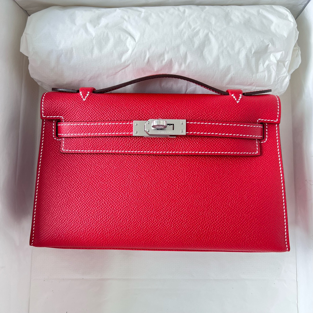 Hermes Price Kelly Pochette Epsom Rose casaque 國旗紅 Silver Hardware 走白色線