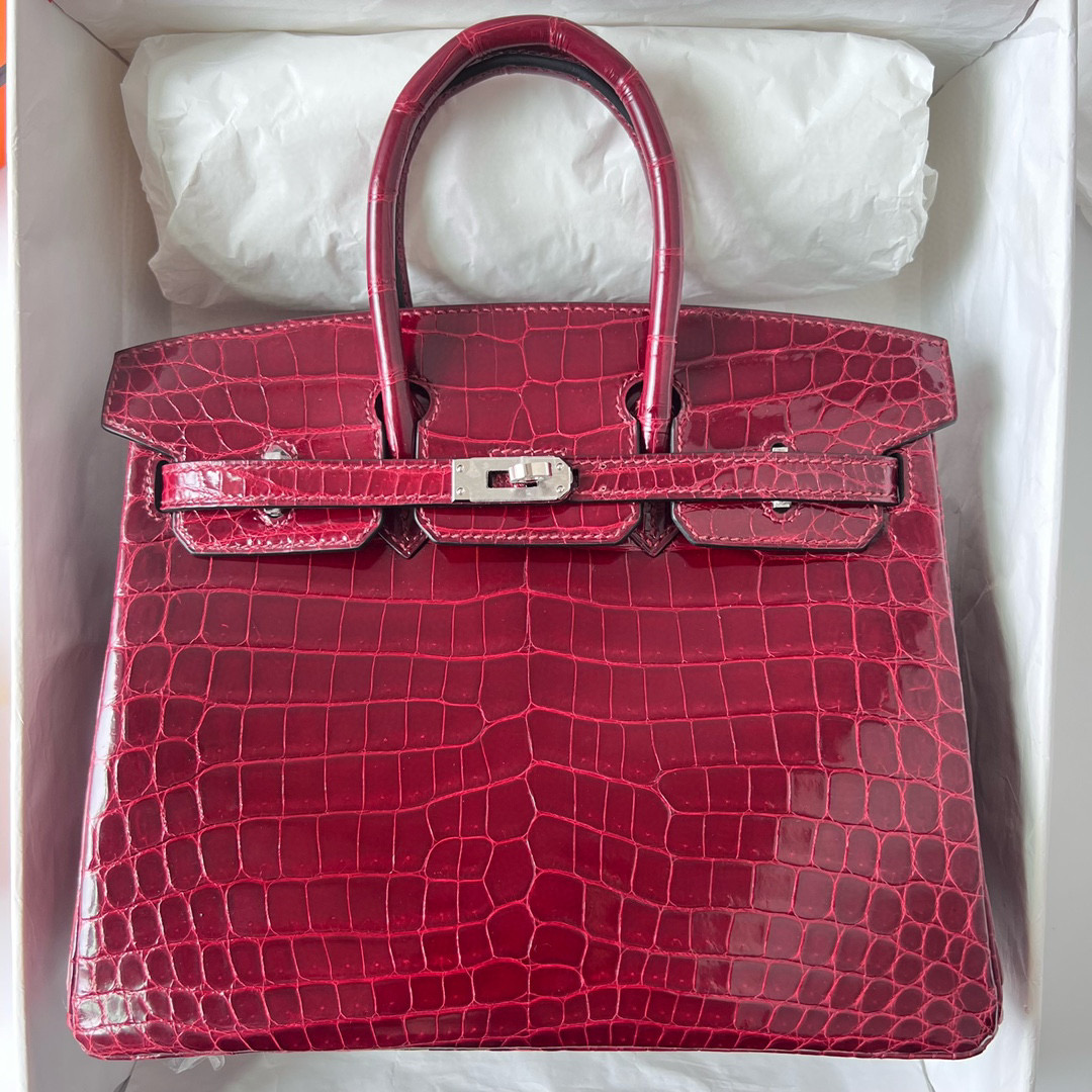 愛馬仕女包官網旗艦店 Hermès Birkin 25 Shiny Nilo Crocodile F5 Bourgogne