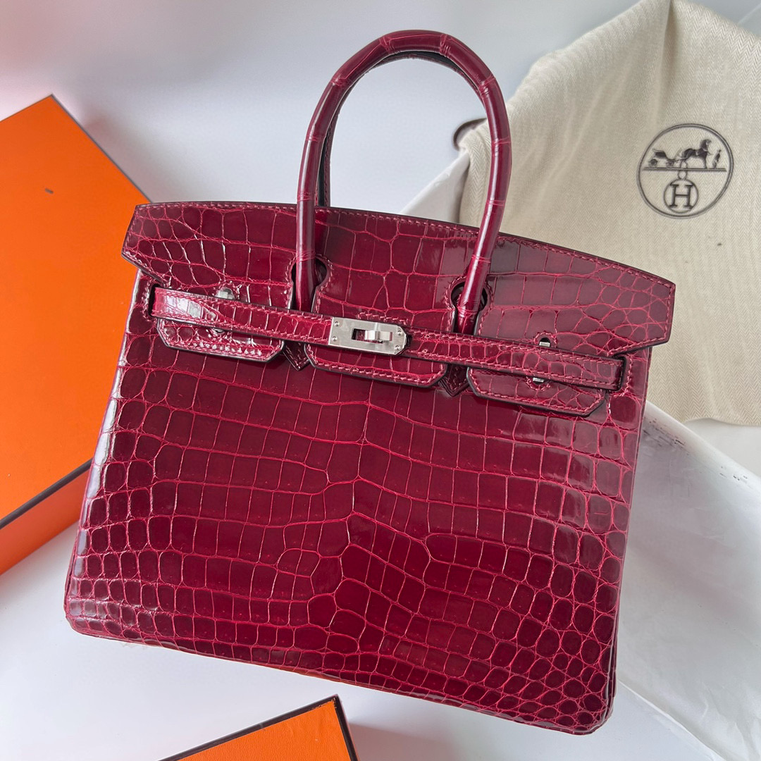 愛馬仕女包官網旗艦店 Hermès Birkin 25 Shiny Nilo Crocodile F5 Bourgogne