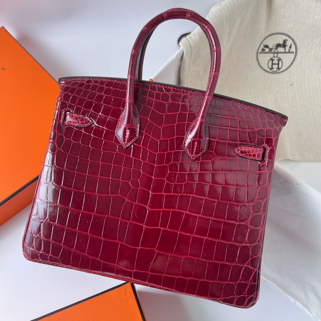 愛馬仕女包官網旗艦店 Hermès Birkin 25 Shiny Nilo Crocodile F5 Bourgogne