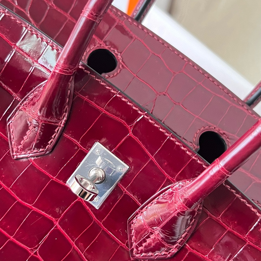 愛馬仕女包官網旗艦店 Hermès Birkin 25 Shiny Nilo Crocodile F5 Bourgogne