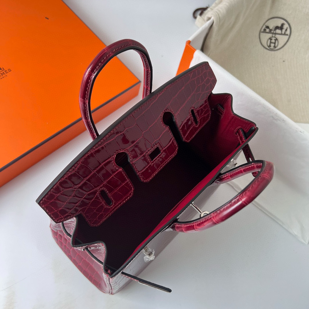 愛馬仕女包官網旗艦店 Hermès Birkin 25 Shiny Nilo Crocodile F5 Bourgogne