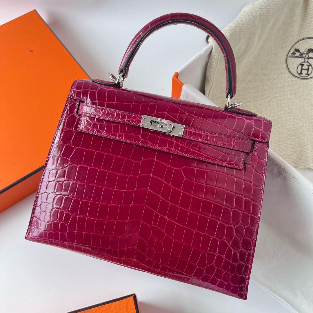 愛馬仕包包圖片加價格 Hermès Kelly Sellier 25 玫红紫 Shiny Nilo Crocodile